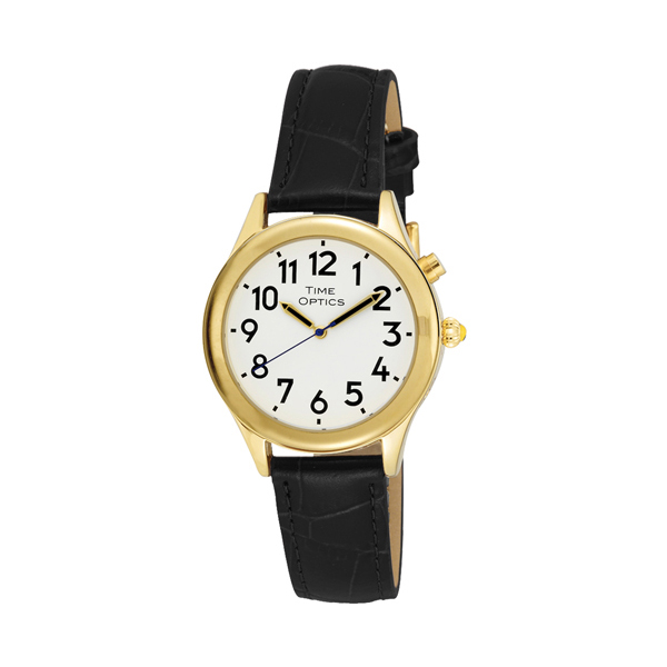 Ladies Gold Tone Talking Watch White Face: Leather Band - Black - Click Image to Close